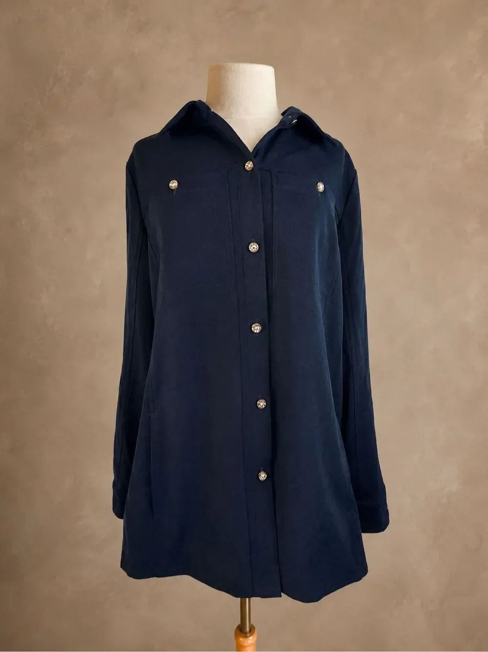 J. Jill Sz M Button Front Utility Tunic Shirt Navy Long Sleeve Relaxed